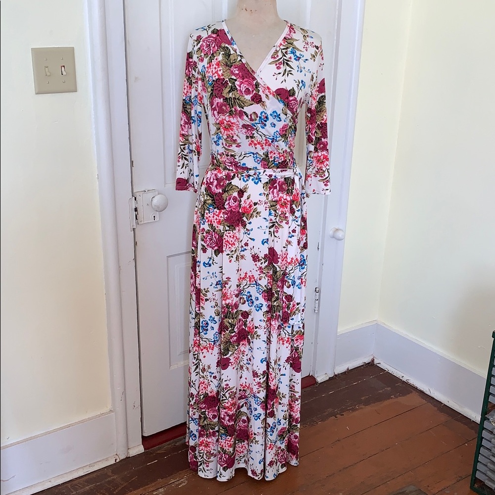 Floral Gown 3/4 Sleeves Ivory & Roses Cottagecore Wrap Bodice Maternity Maxi L